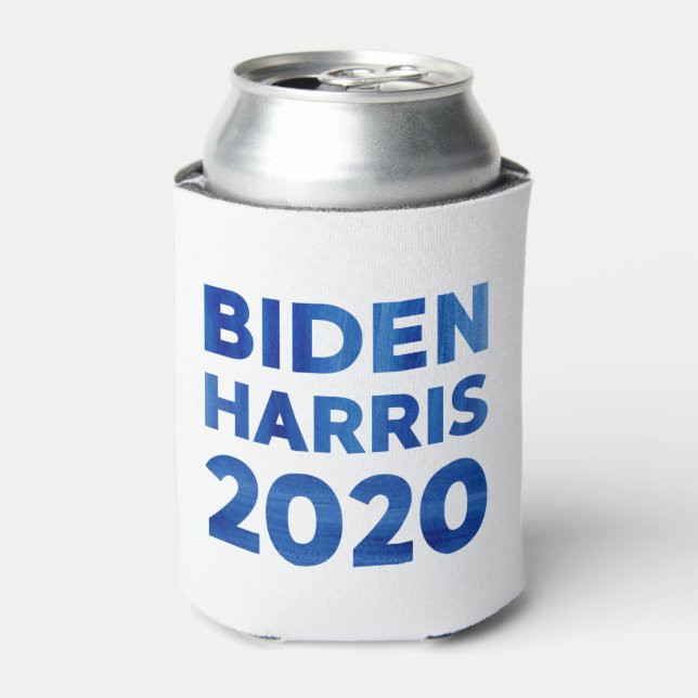 Biden Harris 2020 blue watercolor text Can Cooler (Can Front)