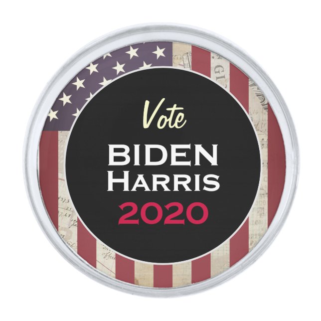 BIDEN HARRIS 2020 Distressed USA Flag Silver Finish Lapel Pin (Front)