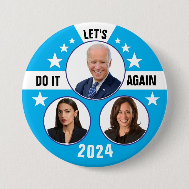 Biden Harris and AOC 2024 Button (Front)