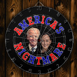 Biden Harris Cartoon AMERICA'S NIGHTMARE   Dart Board<br><div class="desc">Caricature cartoon of Joe Biden and Kamala Harris centered between the wording AMERICA'S NIGHTMARE.  Lettering alternates between red and blue.  Design is shown on a black background which you can change to any color you prefer.</div>