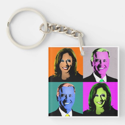 Biden Harris Pop Art Orange Grey Blue Pink Keychain