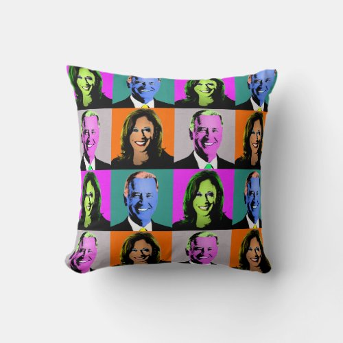 Biden Harris Pop Art Orange Grey Blue Pink Throw Pillow