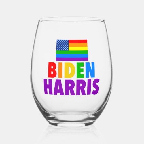 Biden Harris Rainbow American Flag Gay Pride Stemless Wine Glass
