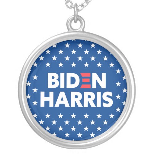Biden  Harris White Stars Pattern Blue Silver Plated Necklace