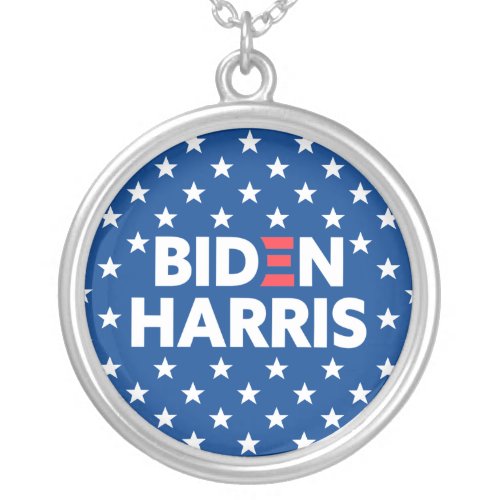 Biden  Harris White Stars Pattern Blue Silver Plated Necklace