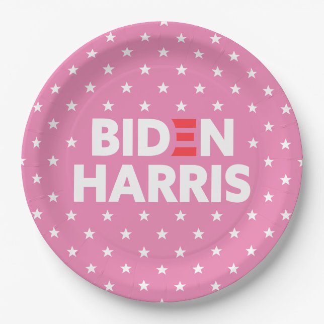 Biden / Harris White Stars Pattern Pink Paper Plates (Front)