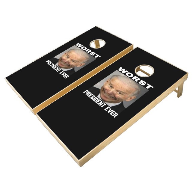 Biden Worst President Ever Anti Biden Black Cornhole Set (Angled)