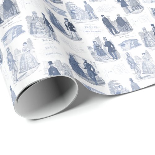 Biedermeier Fashion Vintage Blue and White Toile Wrapping Paper