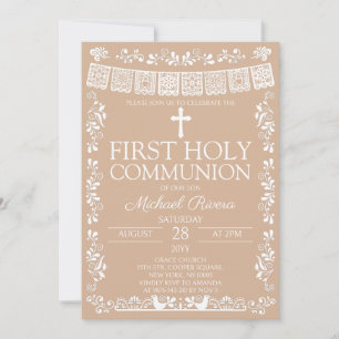 Biege Papel Picado First Holy Communion Invitation
