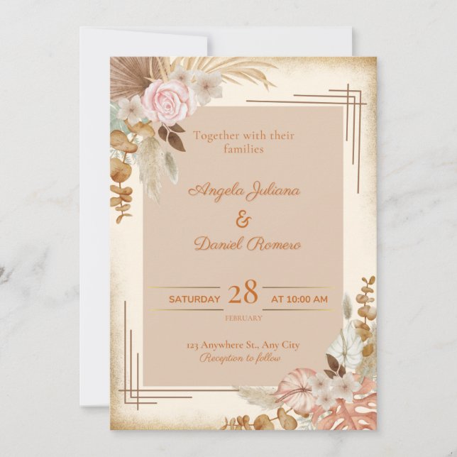 Biege Themed Flower Wedding Invitation Card (Front)