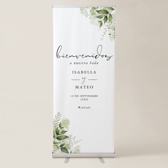Bienvenida de boda floral y verde retractable banner (Front)
