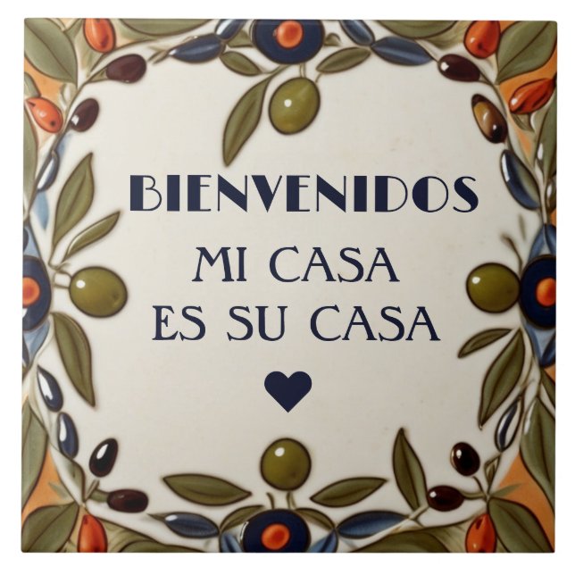 Bienvenidos Mi Casa Es Su Casa Green Olive Welcome Ceramic Tile (Front)