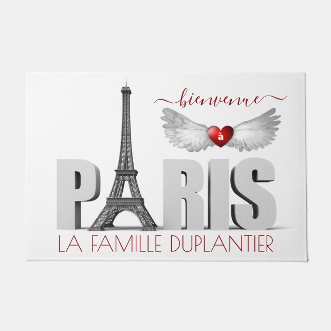 Bienvenue à Paris Eiffel Tower Heart Angel Wings Doormat (Front)