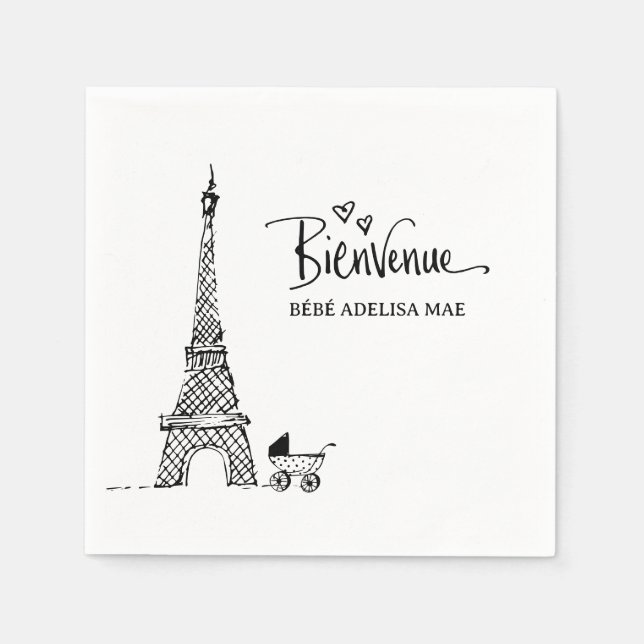 Bienvenue Paris Doodle Sketch Baby Shower Napkins (Front)