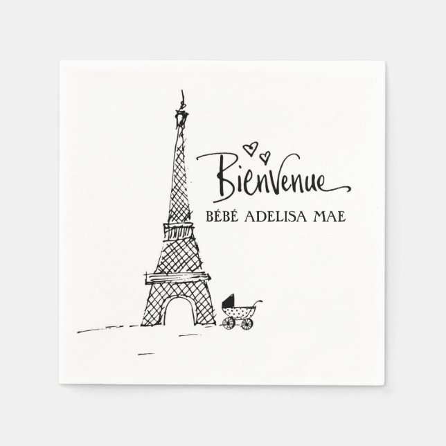 Bienvenue Paris Doodle Sketch Baby Shower Paper Napkins (Front)
