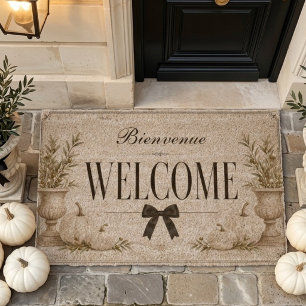 Bienvenue Welcome Elegant Fall White Pumpkin Bow Fiber Doormat