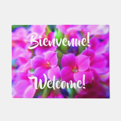 Bienvenue Welcome French English Bright Flowers Doormat
