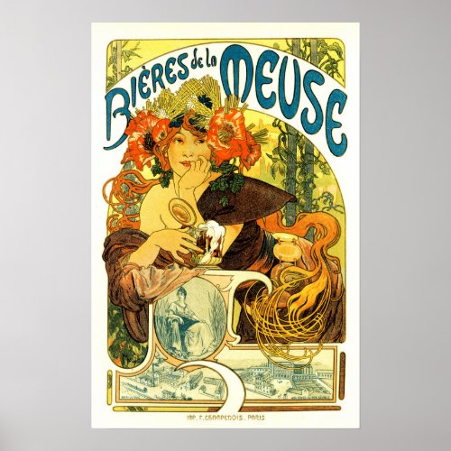 BIERES DE LA MEUSE Beer Alphonse Mucha Art Nouveau Poster