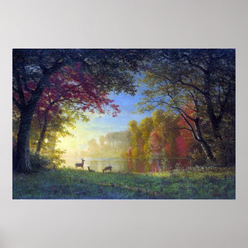 Bierstadt _ Indian Sunset Deer By A Lake Poster