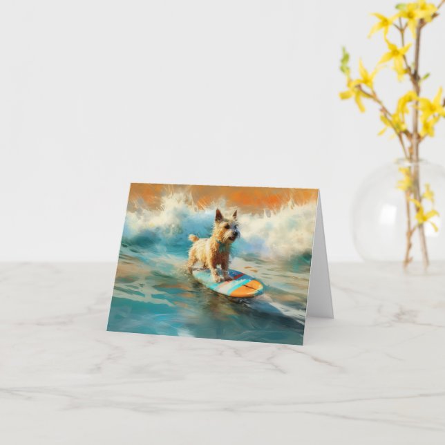 Biewer Terrier Beach Surfing Painting  Card (Yellow Flower)