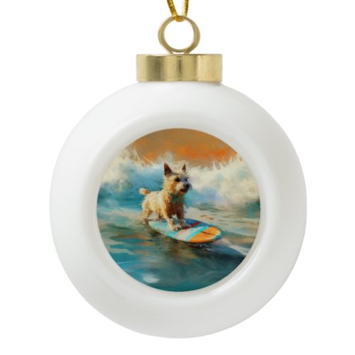 Biewer Terrier Beach Surfing Painting  Ceramic Ball Christmas Ornament