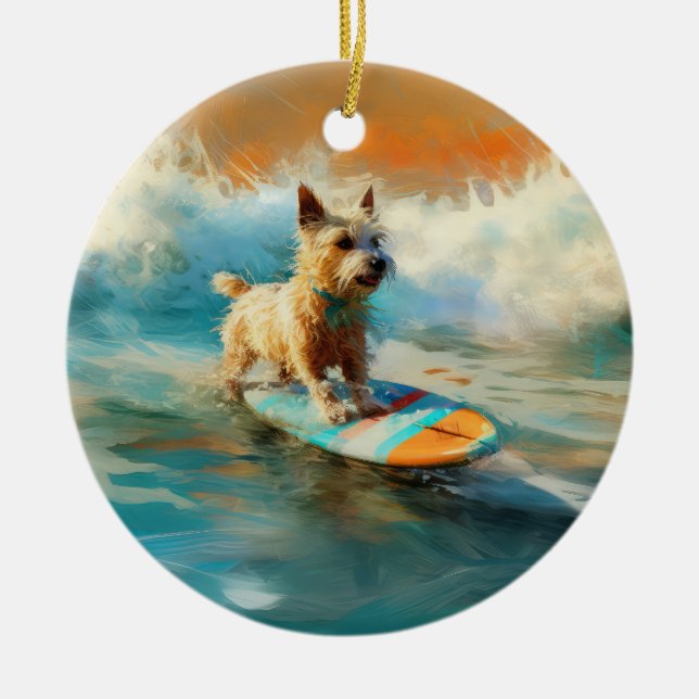 Biewer Terrier Beach Surfing Painting  Ceramic Ornament (Front)