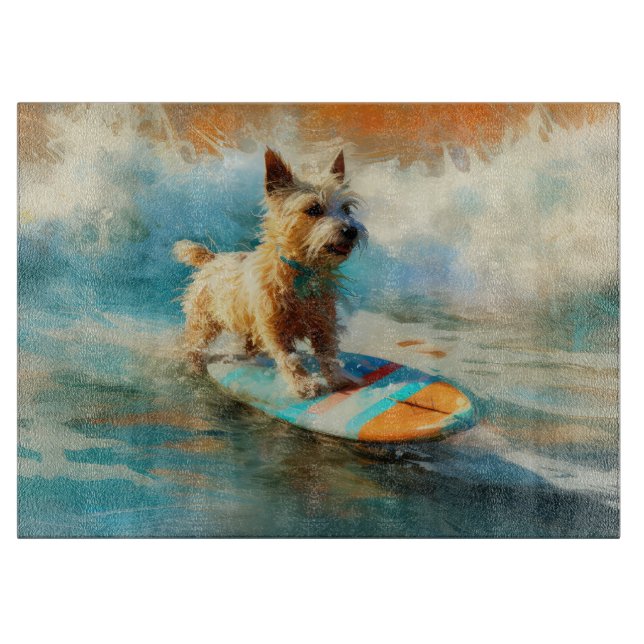 Biewer Terrier Beach Surfing Painting  Cutting Board (Front)