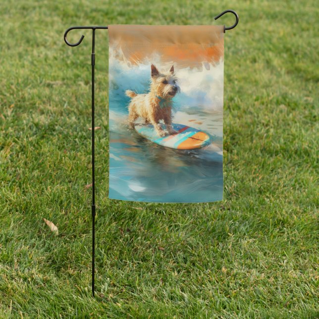 Biewer Terrier Beach Surfing Painting  Garden Flag (In SItu)