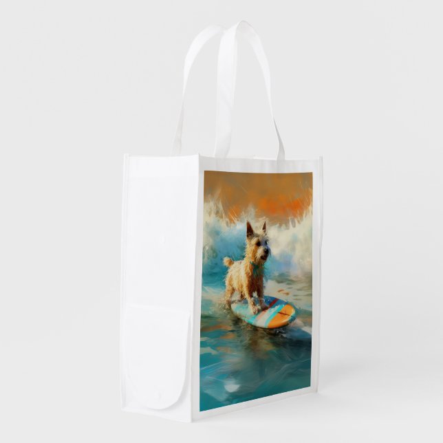 Biewer Terrier Beach Surfing Painting  Grocery Bag (Front Side)
