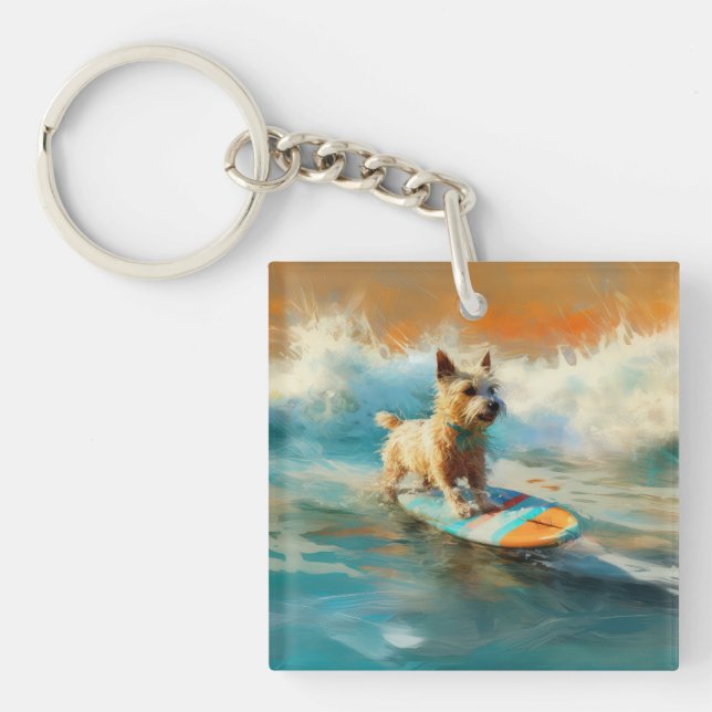 Biewer Terrier Beach Surfing Painting  Keychain (Front)