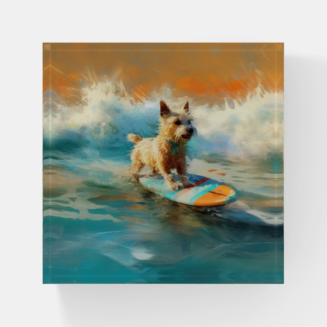 Biewer Terrier Beach Surfing Painting  Paperweight (Front)