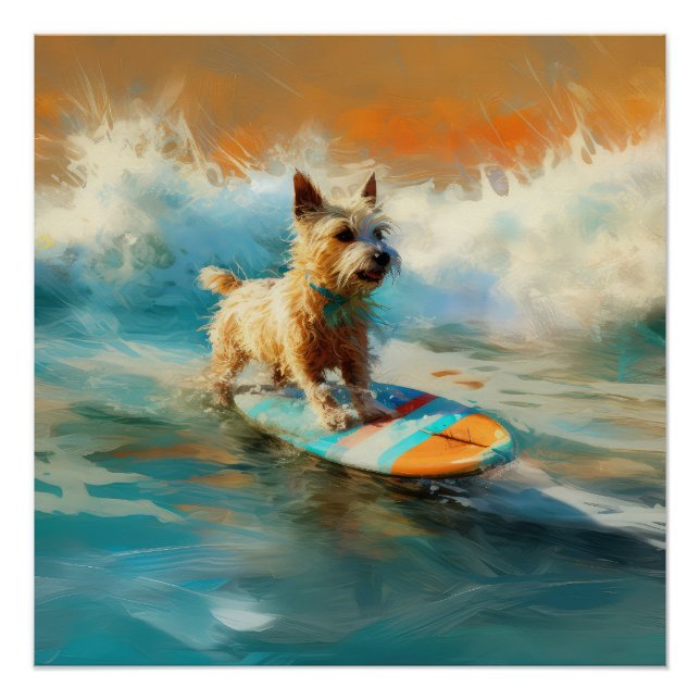 Biewer Terrier Beach Surfing Painting  Poster (Front)