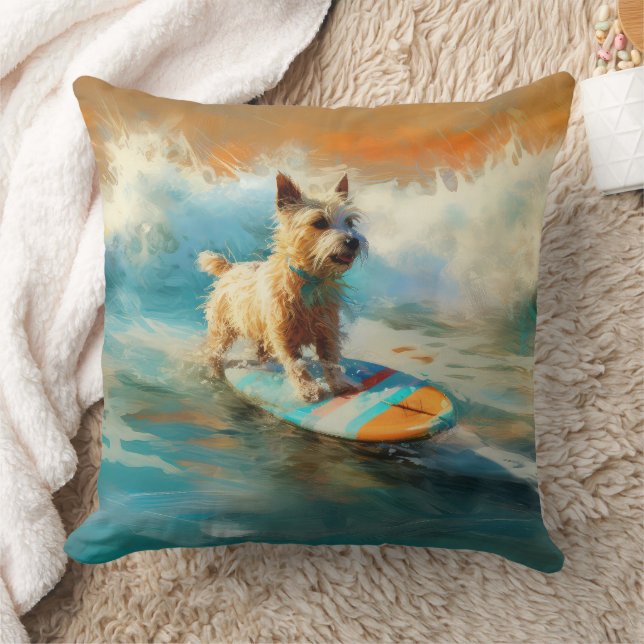 Biewer Terrier Beach Surfing Painting  Throw Pillow (Blanket)
