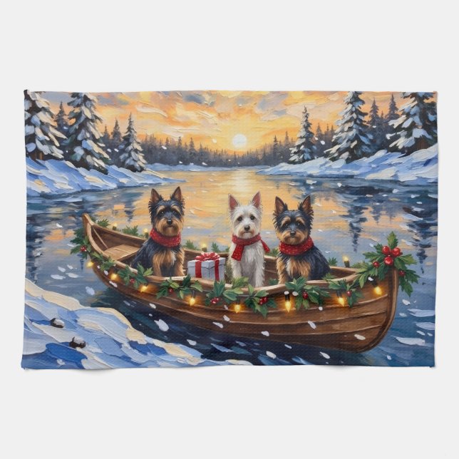 Biewer Terrier Christmas Boat Holiday Kitchen Towel (Horizontal)