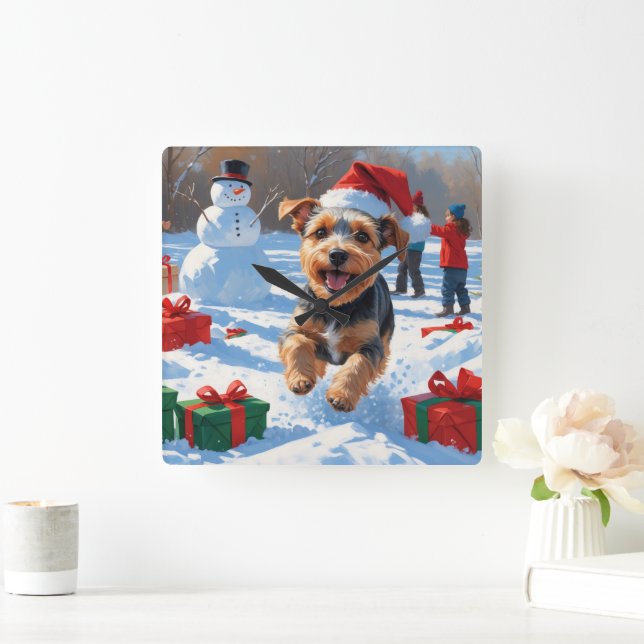 Biewer Terrier Christmas Festive Snow Scene  Square Wall Clock (Home)