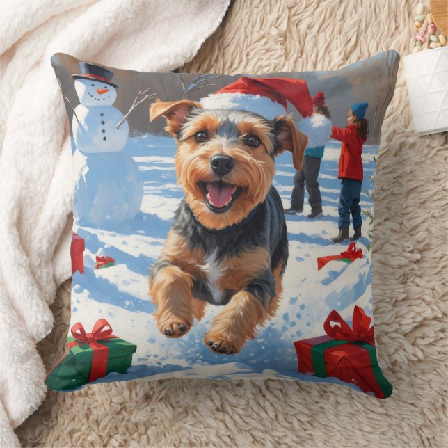 Biewer Terrier Christmas Festive Snow Scene  Throw Pillow (Blanket)