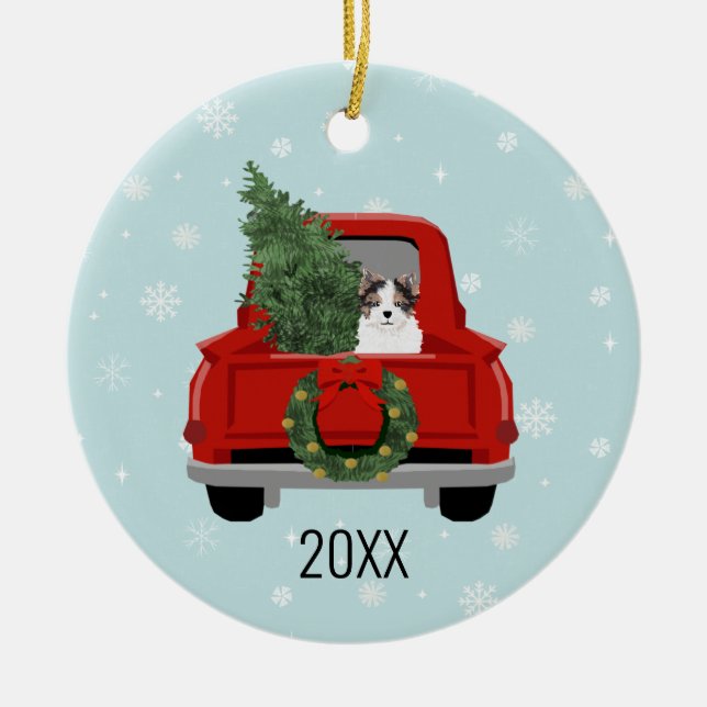 Biewer Terrier Christmas Red Truck Ceramic Ornament (Front)
