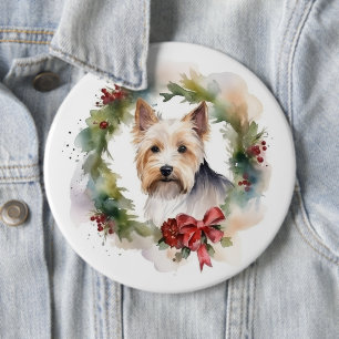 Biewer Terrier Christmas Wreath Festive Pup  Button