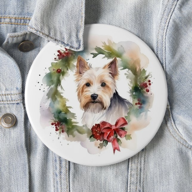 Biewer Terrier Christmas Wreath Festive Pup  Button (In Situ)