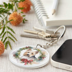 Biewer Terrier Christmas Wreath Festive Pup  Keychain