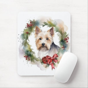 Biewer Terrier Christmas Wreath Festive Pup  Mouse Pad
