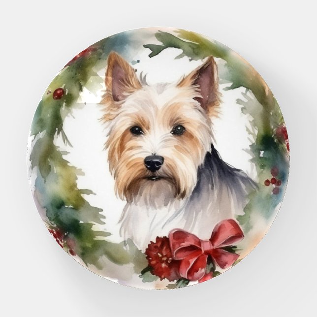 Biewer Terrier Christmas Wreath Festive Pup  Paperweight (Front)