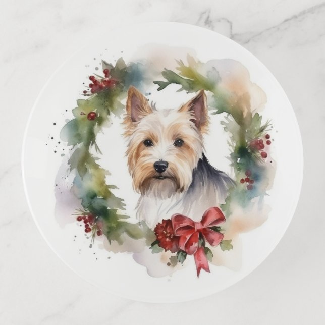 Biewer Terrier Christmas Wreath Festive Pup  Trinket Tray (Front)