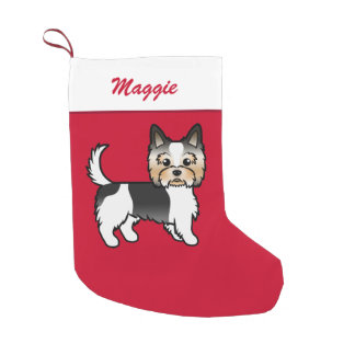 Biewer Terrier Cute Cartoon Dog On Red &amp; Name Small Christmas Stocking