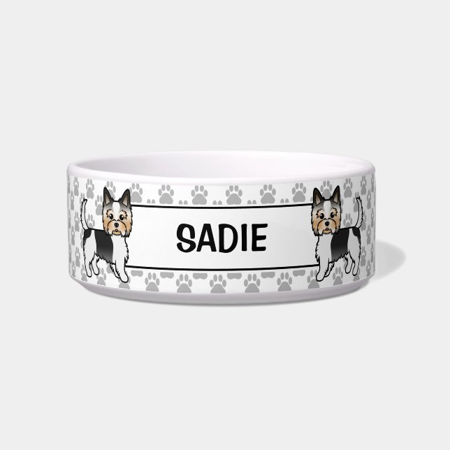 Biewer Terrier Cute Cartoon Dog With Paws And Name Bowl (Front)