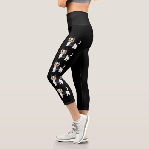 Biewer Terrier Cute Cartoon Dogs On Black Capri Leggings