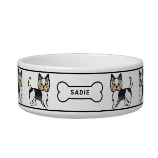 Biewer Terrier Cute Cartoon Dogs With Bone &amp; Name Bowl