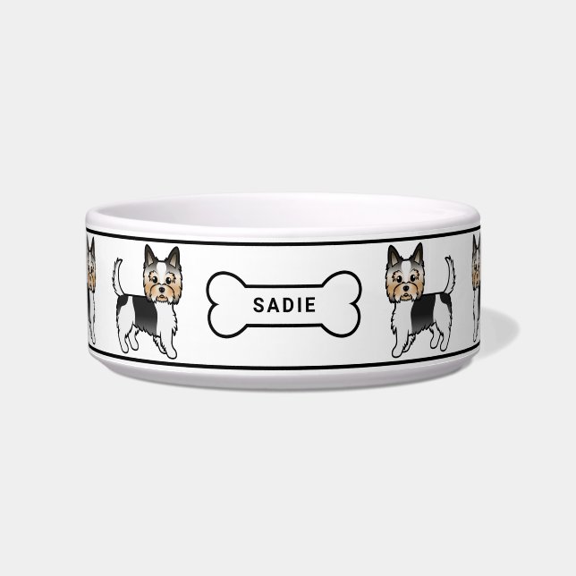 Biewer Terrier Cute Cartoon Dogs With Bone & Name Bowl (Front)