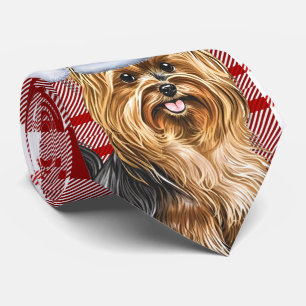 Biewer Terrier Dog and Red Plaid Christmas Neck Tie