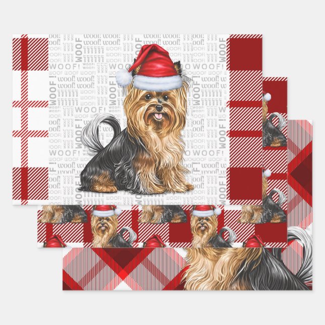 Biewer Terrier Dog and Red Plaid Holiday Wrapping Paper Sheets (Set)